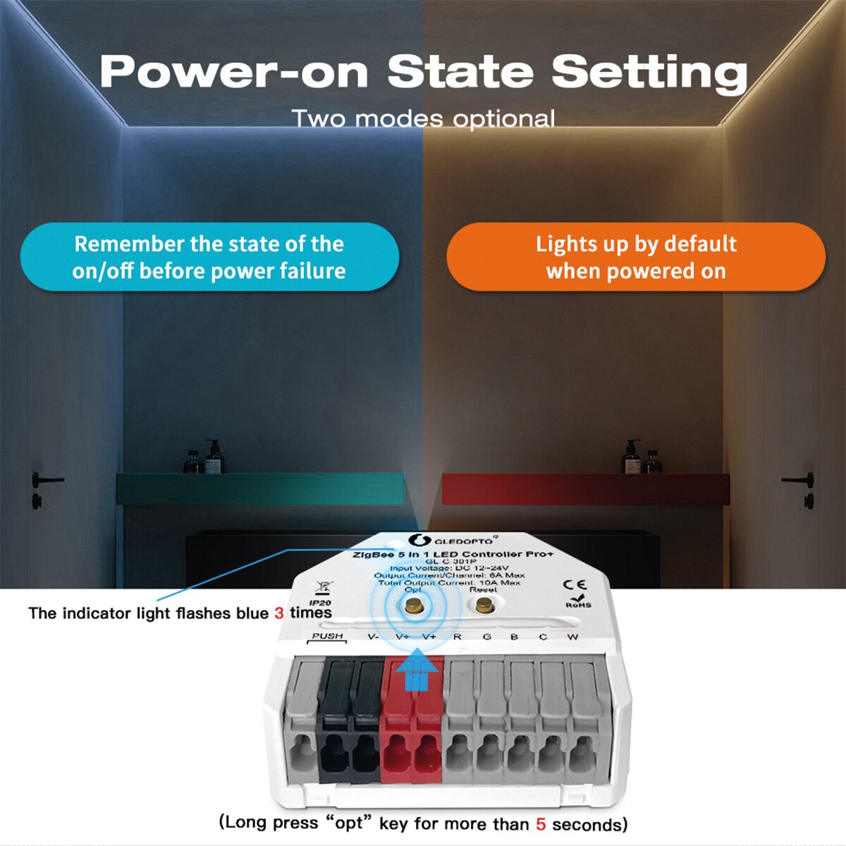 Gledopto Zigbee 5 in 1 LED-ohjain RGB+CCT GL-C-301P 12-24V max 10A