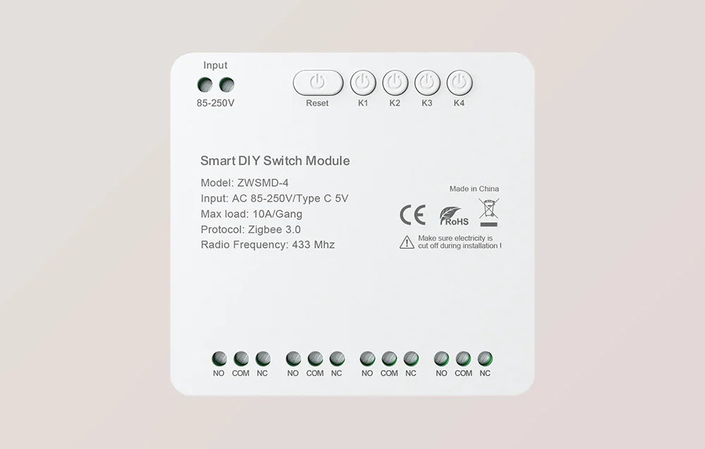 Avatto ZWSMMD-4 250V – ZigBee 4-kanavainen kytkinmoduuli (voltage-free DC 32V contact)
