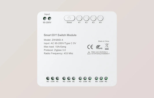 Avatto ZWSMMD-4 250V – ZigBee 4-kanavainen kytkinmoduuli (voltage-free DC 32V contact)