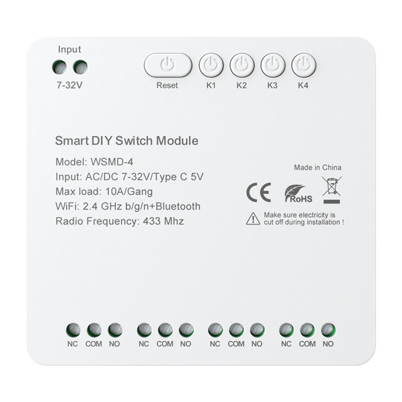 Avatto WSMD-4 (7–32V) – 4-kanavainen WiFi + Bluetooth + 433 MHz älyrelemoduuli (NO/COM/NC, USB-C 5V)
