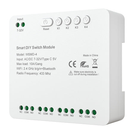 Avatto WSMD-4 (7–32V) – 4-kanavainen WiFi + Bluetooth + 433 MHz älyrelemoduuli (NO/COM/NC, USB-C 5V)