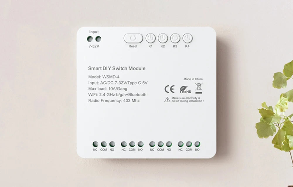Avatto WSMD-4 (7–32V) – 4-kanavainen WiFi + Bluetooth + 433 MHz älyrelemoduuli (NO/COM/NC, USB-C 5V)