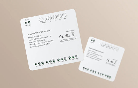 Avatto WSMD-4 (85-250V) – 4-kanavainen WiFi + Bluetooth + 433 MHz älyrelemoduuli (NO/COM/NC, USB-C 5V)