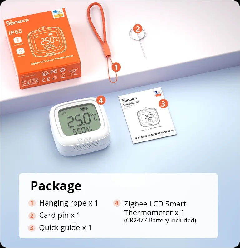 Zigbee IP65 LCD-lämpötila- ja ilmankosteusmittari ulko- ja sisäkäyttöön, Sonoff SNZB-02WD