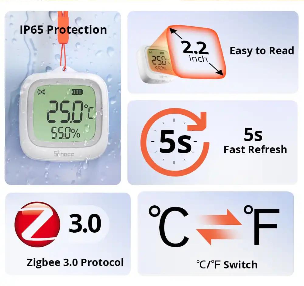 Zigbee IP65 LCD-lämpötila- ja ilmankosteusmittari ulko- ja sisäkäyttöön, Sonoff SNZB-02WD