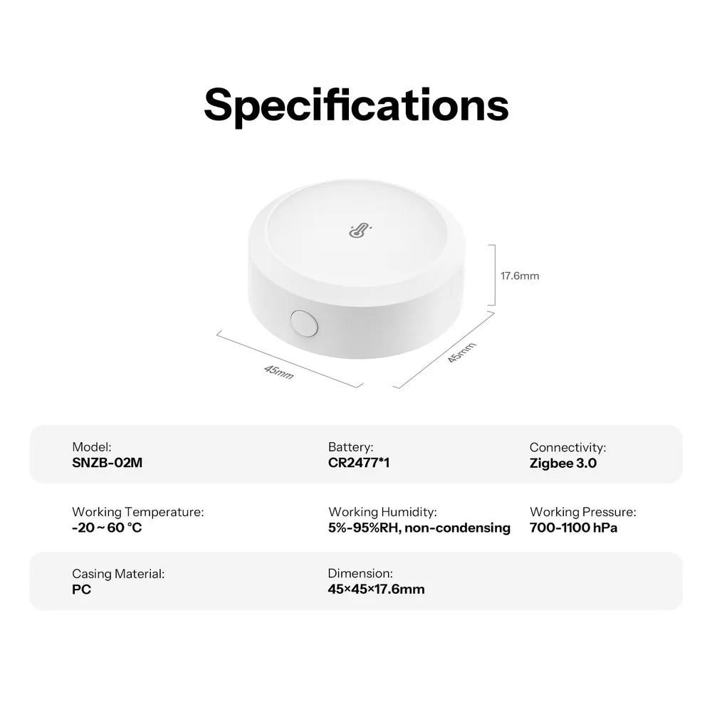 SONOFF SNZB-02M:n mitat 45 × 45 × 17,6 mm, CR2477-paristo ja tekniset tiedot