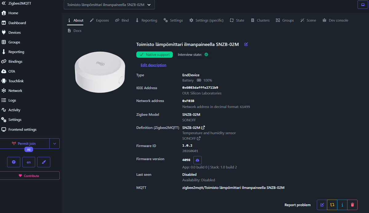 SONOFF SNZB-02M -anturin laitetiedot Zigbee2MQTT:ssä Home Assistant -järjestelmässämme