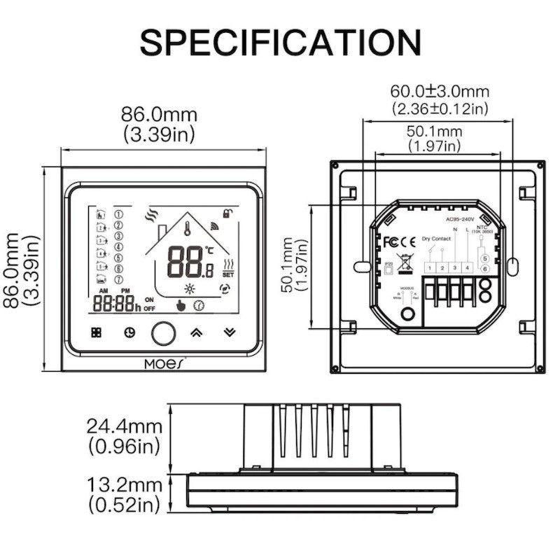 MOES Zigbee termostaatti sähköisella lattialämmitykselle ZHT-002-GB-BK-MS