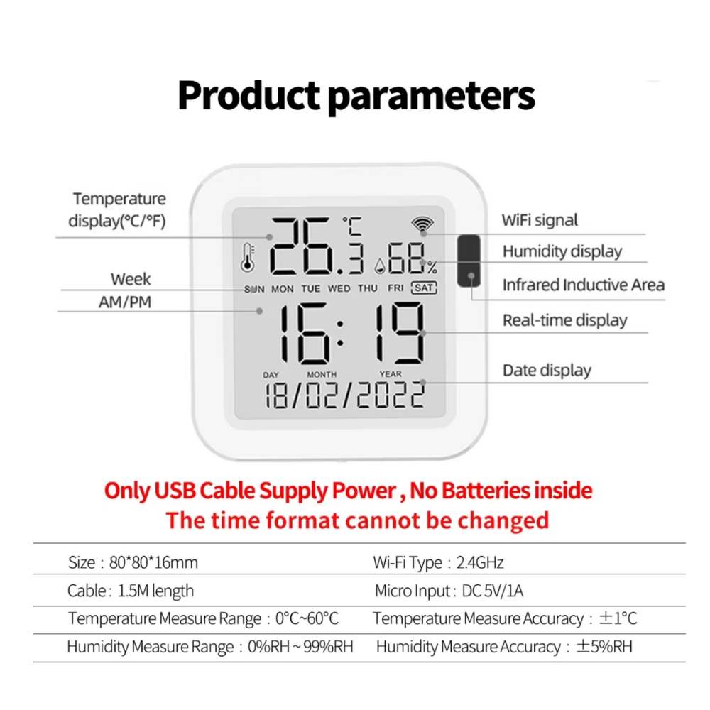 Wifi lämpötila- ja ilmankosteusmittari LCD-näytöllä (USB 5V + LCD-näyttö) Tuya MOES TH16