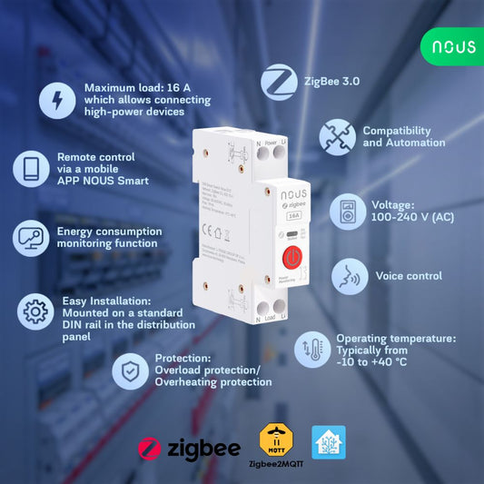 Nous Zigbee DIN-kisko rele 16A energiamittauksella
