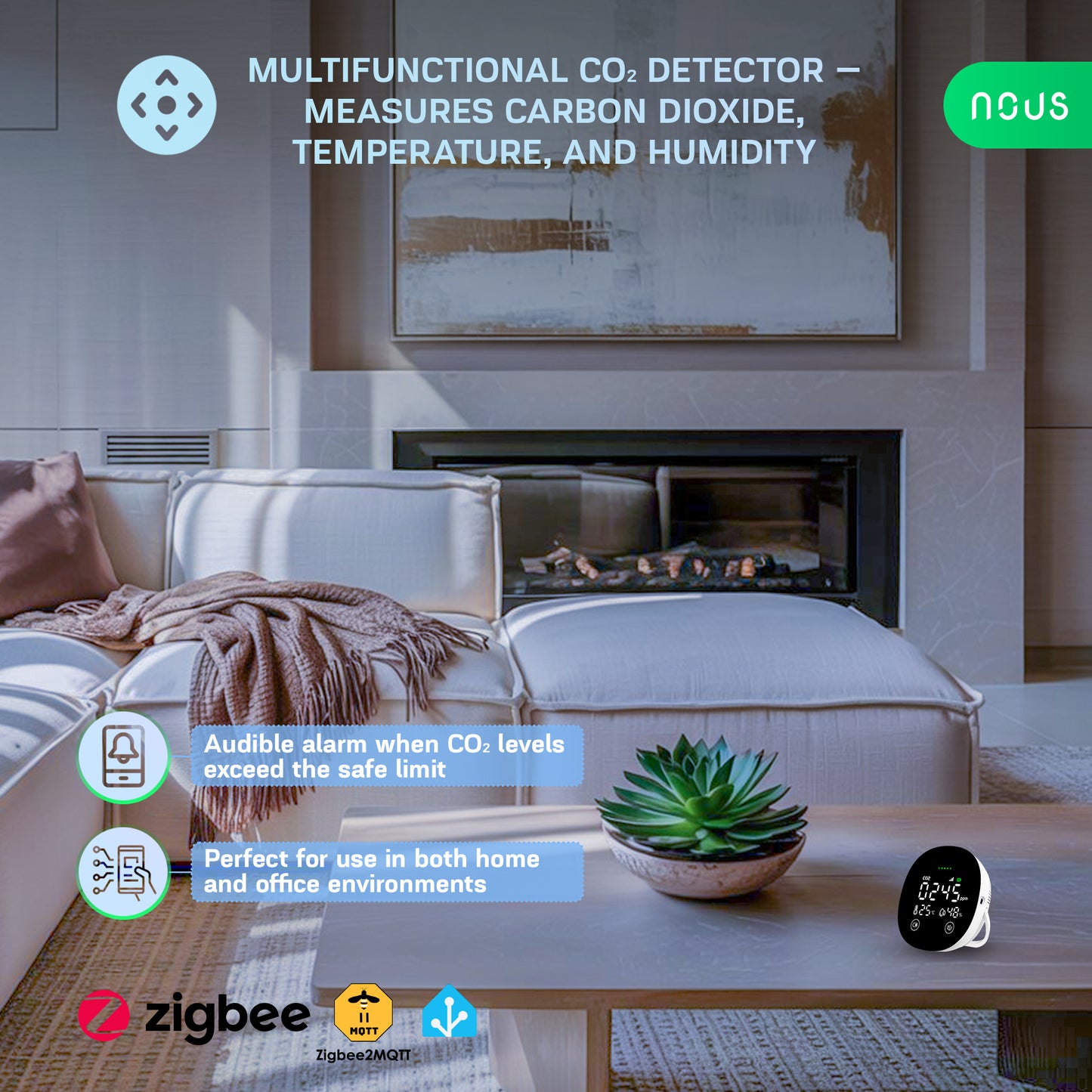 Nous E10 Zigbee CO2-, lämpötila- ja kosteusanturi
