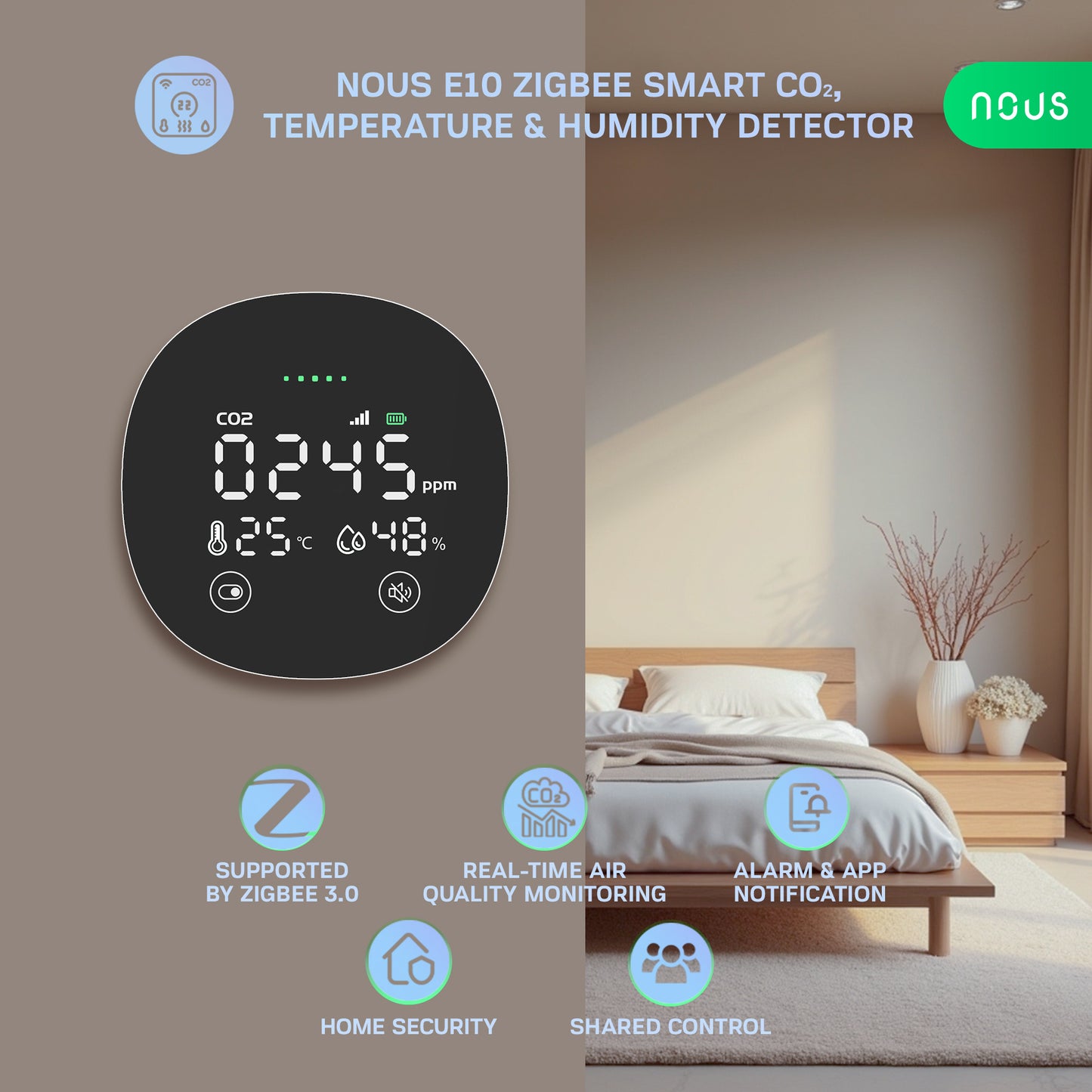 Nous E10 Zigbee CO2-, lämpötila- ja kosteusanturi