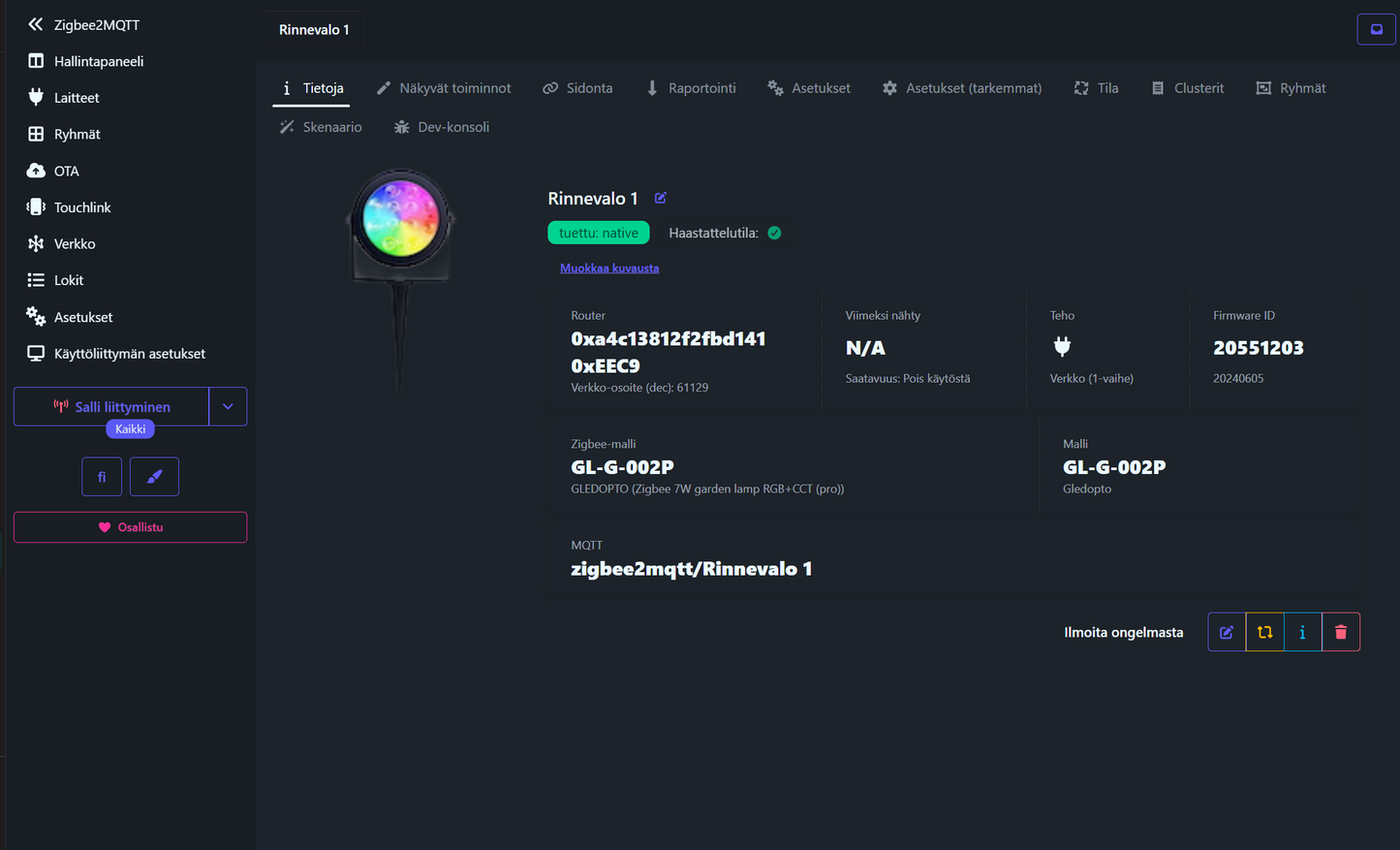 Zigbee RGB+CCT 7W LED-puutarhavalaisin GL-G-002P Gledopto Pro