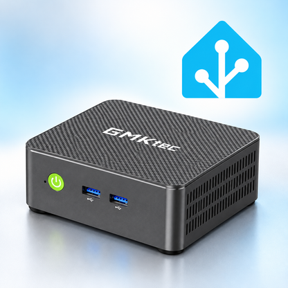 Home Assistant Mini PC – GMKtec G3S -minitietokone ja Home Assistant -logo, HAOS valmiiksi asennettuna