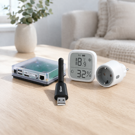 Home Assistant Green + Zigbee USB-dongle + pistorasia + lämpömittari - aloituspaketti