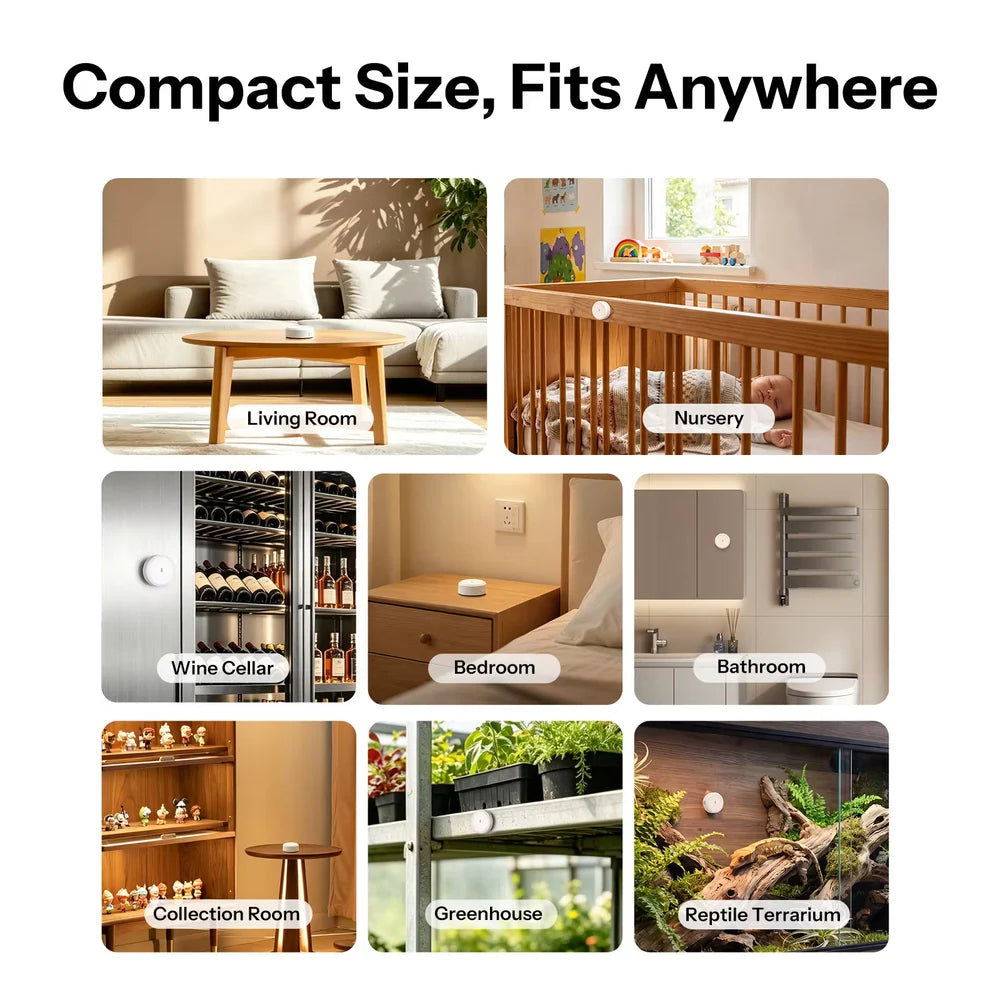 SONOFF SNZB-02M -anturin esimerkkisijoituspaikat olohuoneesta makuuhuoneeseen ja viinikellariin
