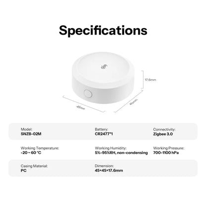 SONOFF SNZB-02M:n mitat 45 × 45 × 17,6 mm, CR2477-paristo ja tekniset tiedot