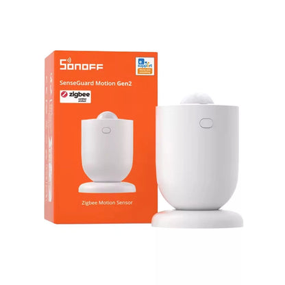 SONOFF SNZB-03PR2 Zigbee-liiketunnistin ja valoisuusanturi tuotepakkauksen vieressä