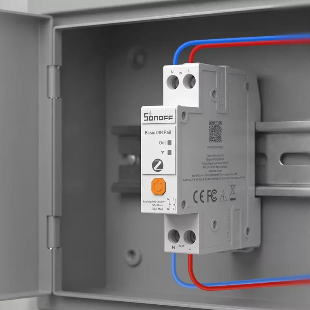 SONOFF BASIC-ZB1GSP Zigbee-rele asennettuna sähkökeskukseen
