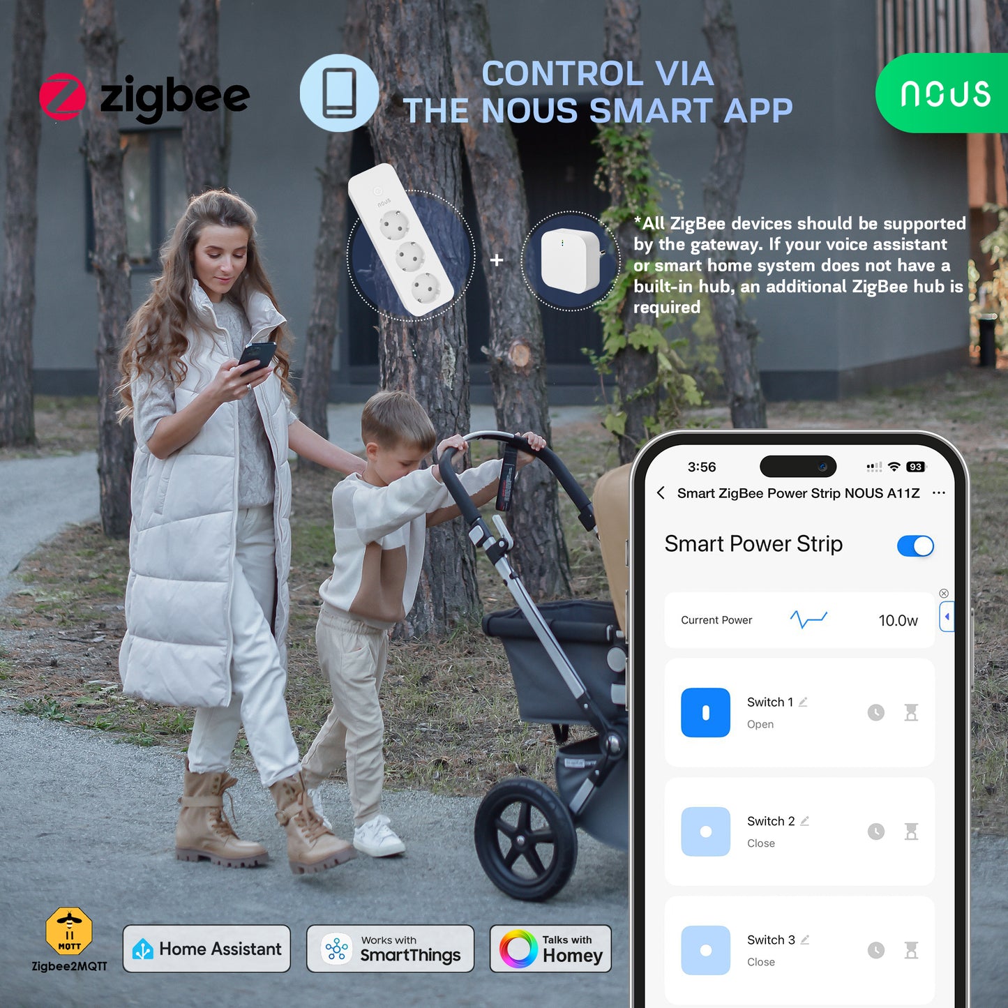 Zigbee 3-os. jatkojohto 16A energianmittauksella Nous A11Z