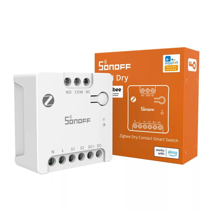 Sonoff MINI-ZBD Zigbee potentiaalivapaa älyrele NO/NC tuotepakkaus ja tuote kuvassa