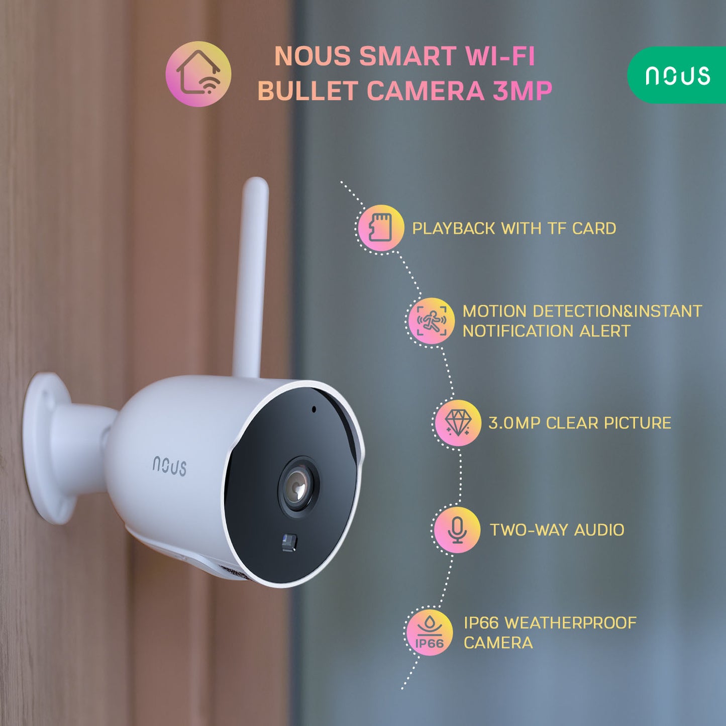 NOUS W7P 3MP IP66 WiFi-ulkovalvontakameran ominaisuudet