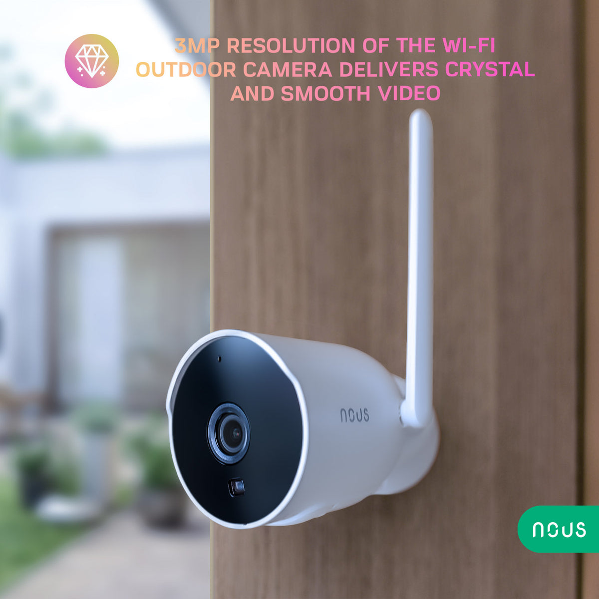 NOUS W7P 3MP WiFi-valvontakamera asennettuna ulkoseinään