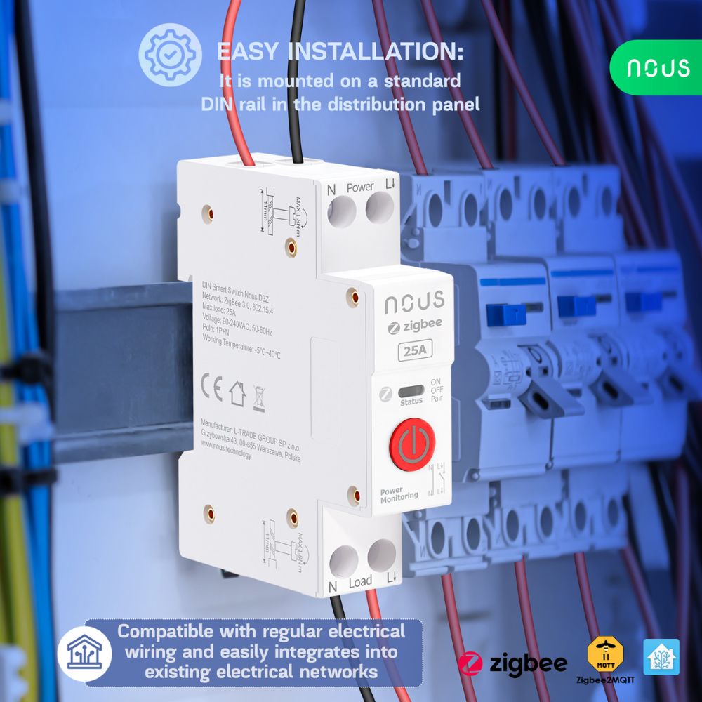 Nous Zigbee DIN-kisko rele 25A energiamittauksella D3Z
