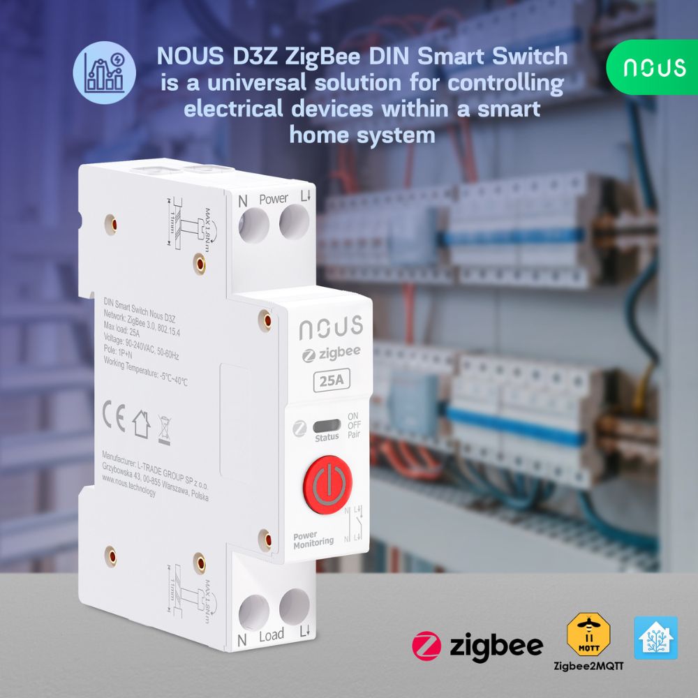 Nous Zigbee DIN-kisko rele 25A energiamittauksella D3Z