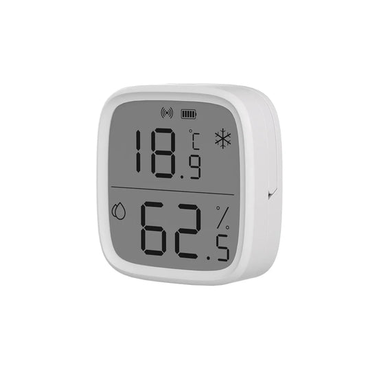 Zigbee lämpötilamittari/kosteusmittari LCD-näytöllä, teippikiinnitys, magneettikiinnitys sekä pöytäteline